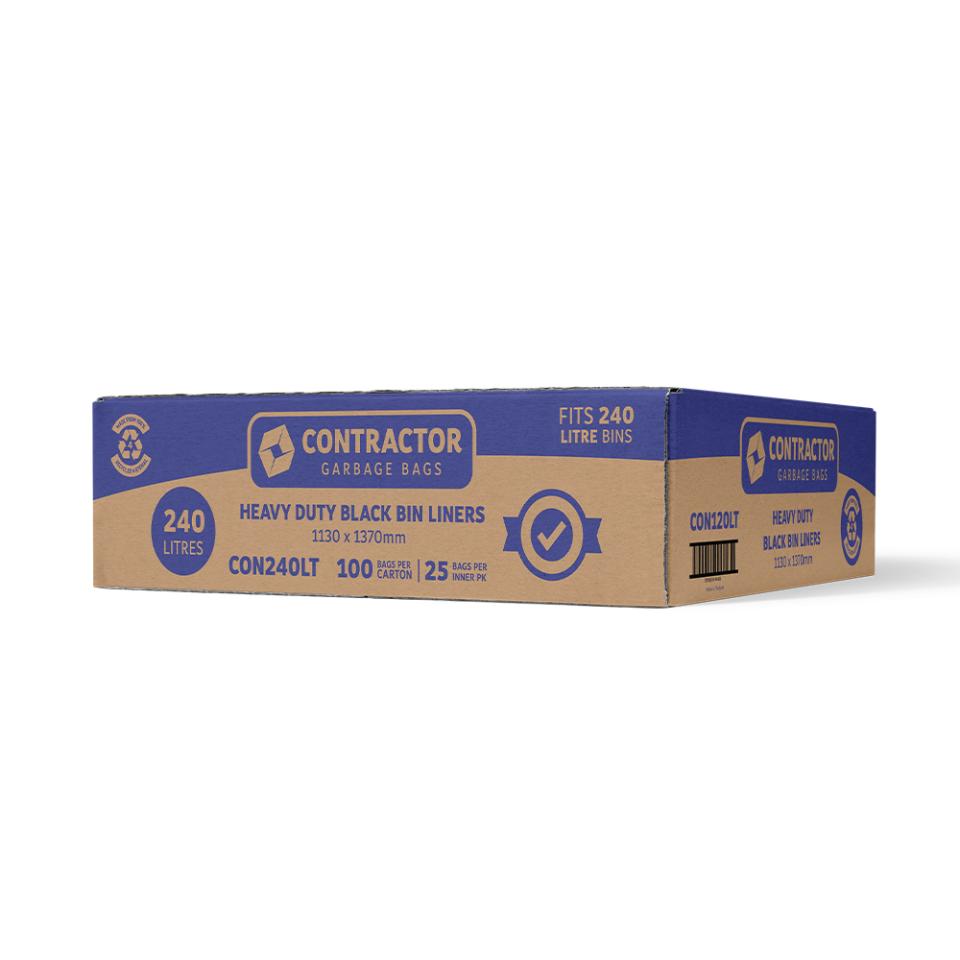 Bin Liners Heavy Duty Austar Contractor 240 Litre Black Packet 25 Carton 100