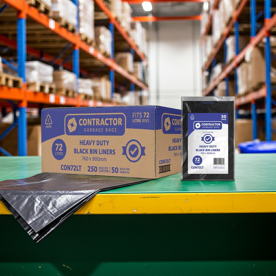 Bin Liners Heavy Duty Austar Contractor Black Packet 50 Carton 250 - 72L & 82L