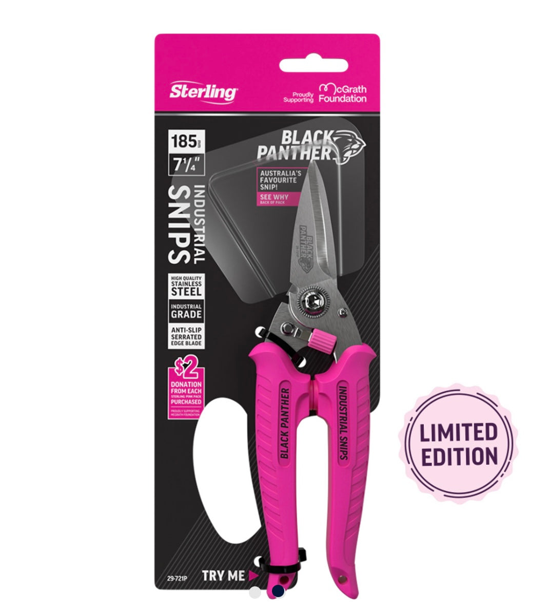 Sterling 29-721P 185mm Pink Black Panther Industrial Snips