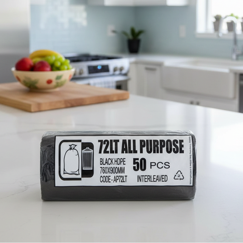 Garbage Bag Bin Liner Black HDPE 72L All Purpose AP72LT 50 Bag Pack