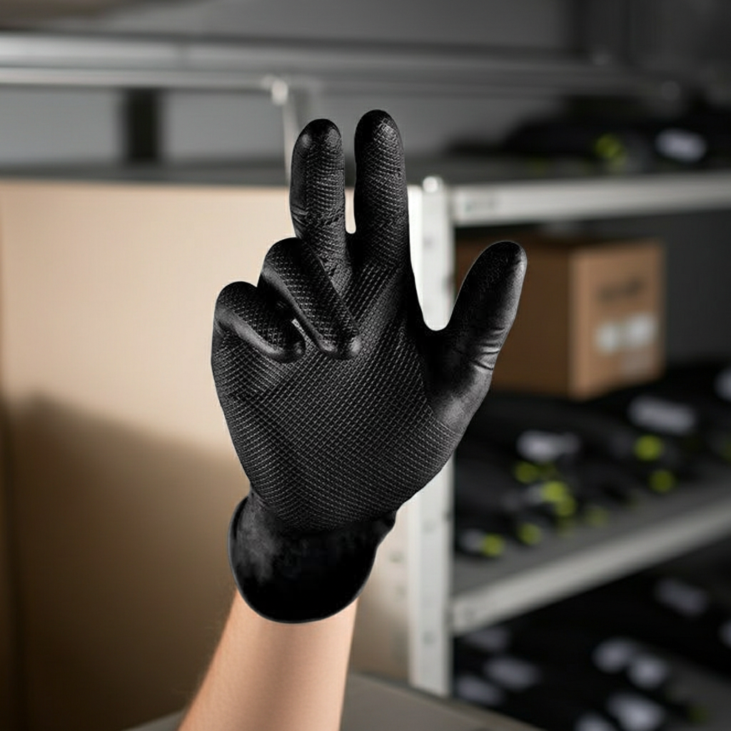 Grippaz Non-Slip Nitrile Disposable Gloves – Black - Chemical Resistant & Touchscreen Compatible Box of 50