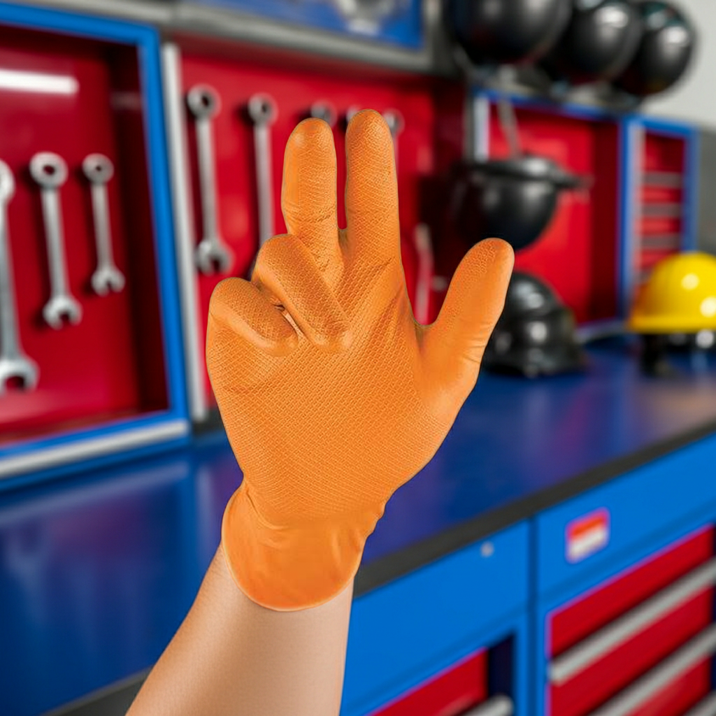 Grippaz Non-Slip Nitrile Disposable Gloves – Orange - Chemical Resistant & Touchscreen Compatible Box of 50
