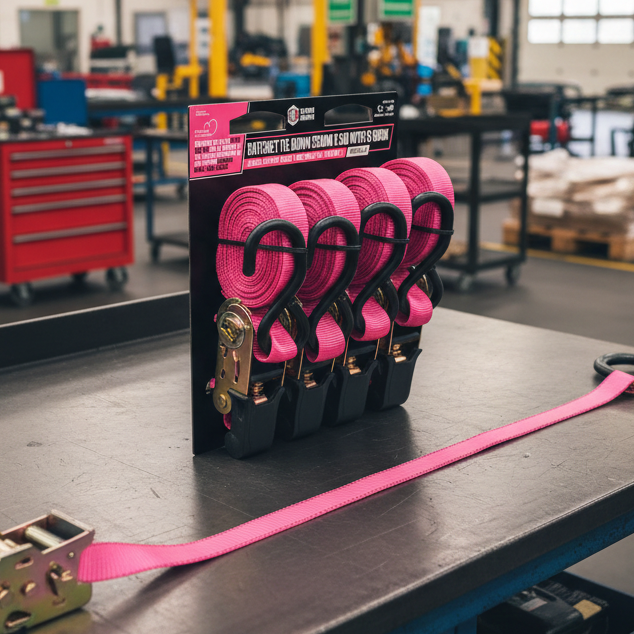Pink Ratchet Tie down 25MM X 5M With S Hook - 4 Pack