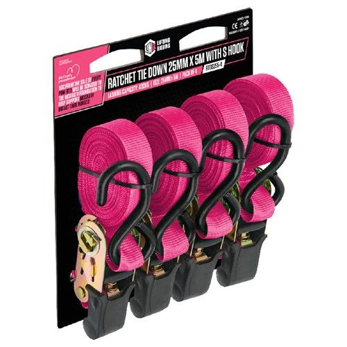 Pink Ratchet Tie down 25MM X 5M With S Hook - 4 Pack