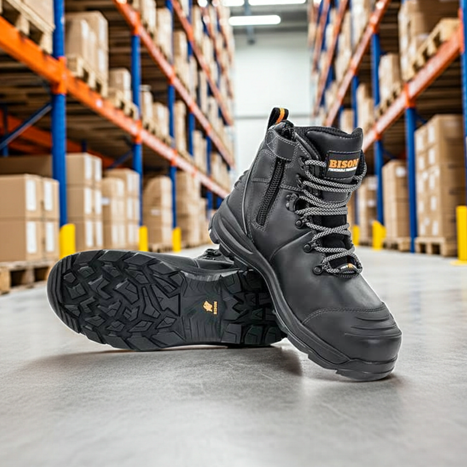 Safety Boot Lace Up Side Zip Bison XT Black XTLZBK