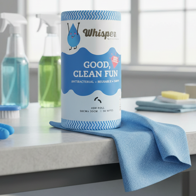 Whisper Blue Wipe Roll Heavy Duty 90 wipes 50x 30cm Antibacterial